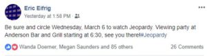 Eric to appear on Jeoprady, March 6, 2019 - Posting on Facebook