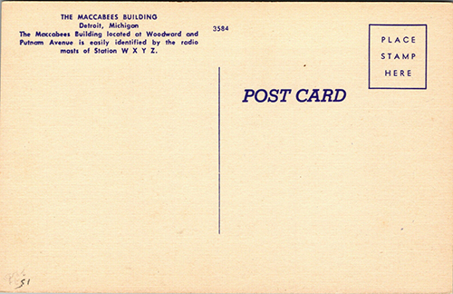 The Macabees Building, Detroit - Postcard Back