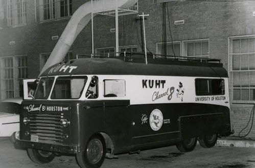 In May 1953 KUHT, owned by the University of Houston, became the first public television station in the United States. Seen here is their first remote news van in a photo taken that same year.