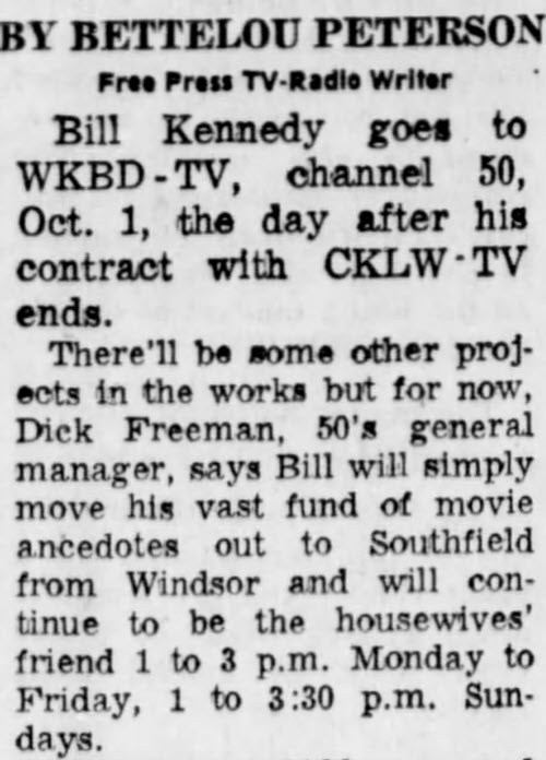 Newspaper clipping about Bill Kennedy moving to WKBD-TV, channel 50, on Oct. 1 after his contract ends, with notes on his on-air plan and weekday 1–3 p.m. schedule.
