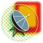BroadcastingVault.com - Illustration of a satellite dish on a tripod with a bright, rainbow-colored abstract background.